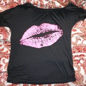 Black Tee with Pink Lip Print